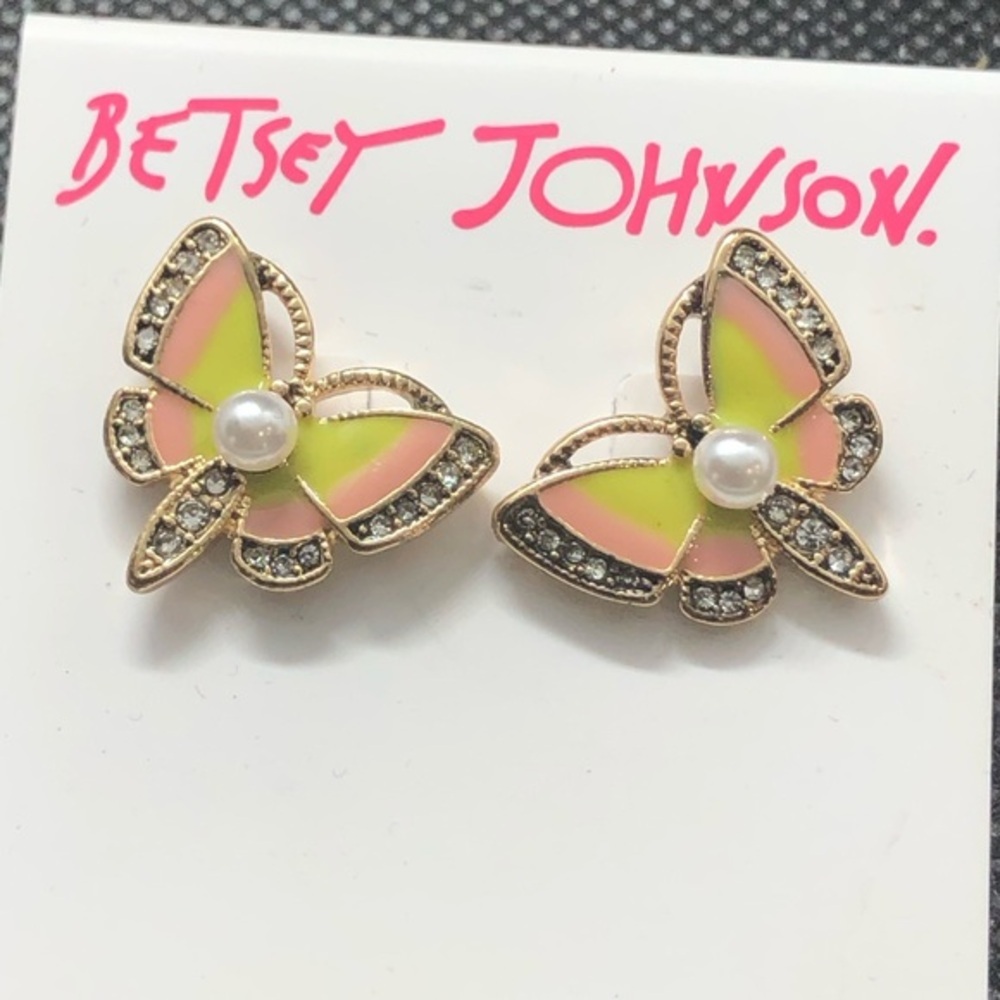 Betsey Johnson crystal rhinestone cubic zirconia pearl topped butterfly earrings